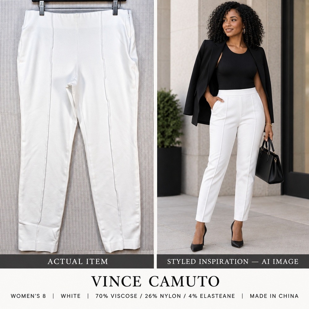 Vince Camuto White Pintuck Tapered Leg Pants Size 8 Side Zip Workwear Timeless